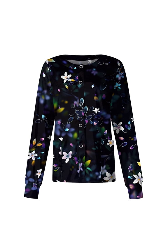 Scrub Jackets for Woman Fashion Long Sleeve Button Down Workwear Fun Floral Printed Medical Nursing Uniforms Cardigan Scrubs with Pockets