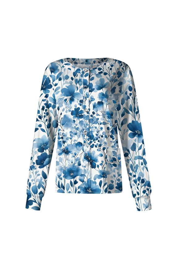 Scrub Jackets for Woman Long Sleeve Comfy Working Shirts Floral Pattern Scrubs Snap Front Nursing Working Uniform with Pockets