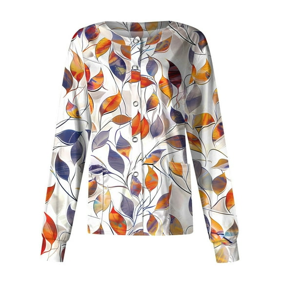 SAATLERI Scrub Jackets for Woman Long Sleeve Comfy Workwear Floral Pattern Scrubs Top Snap Front Medical Nursing Uniforms with Pockets