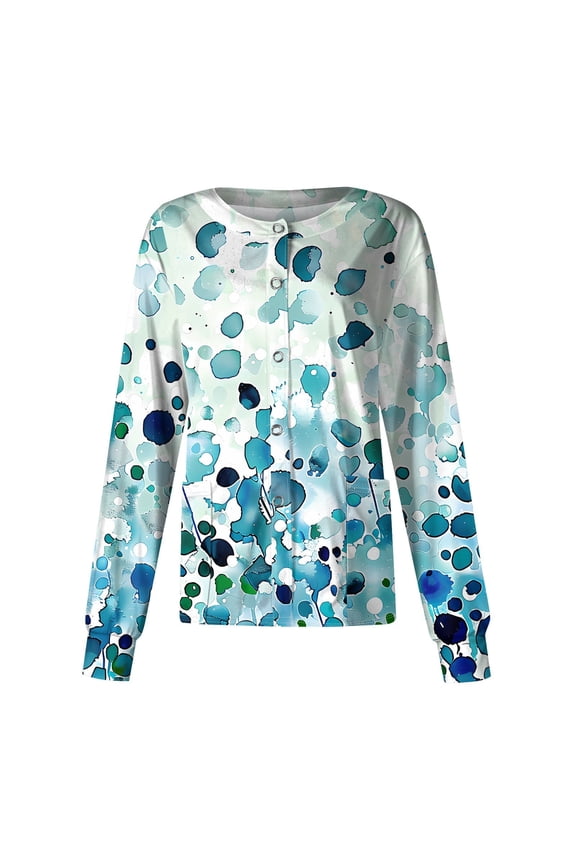 Scrub Jackets for Woman Long Sleeve Comfy Workwear Floral Pattern Scrubs Top Snap Front Medical Nursing Uniforms with Pockets