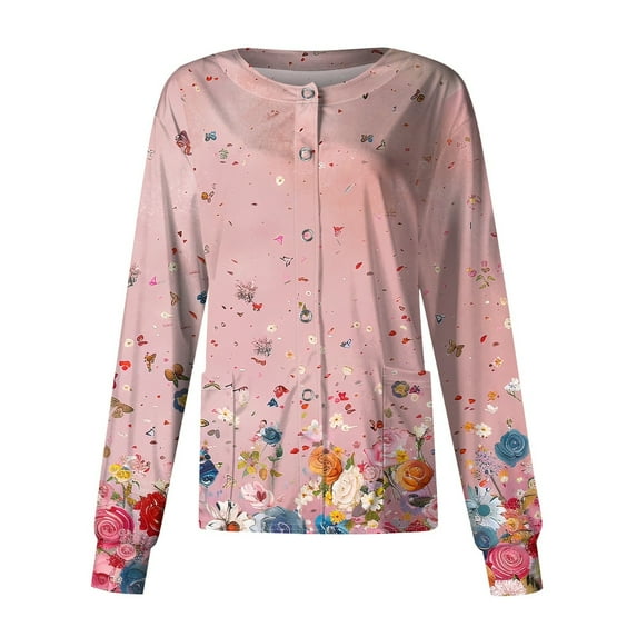 SAATLERI Scrub Jackets for Woman Long Sleeve Fashion Plus Size Floral Printed Scrubs Button Down Nurse Uniform Shirts Workwear with Pockets