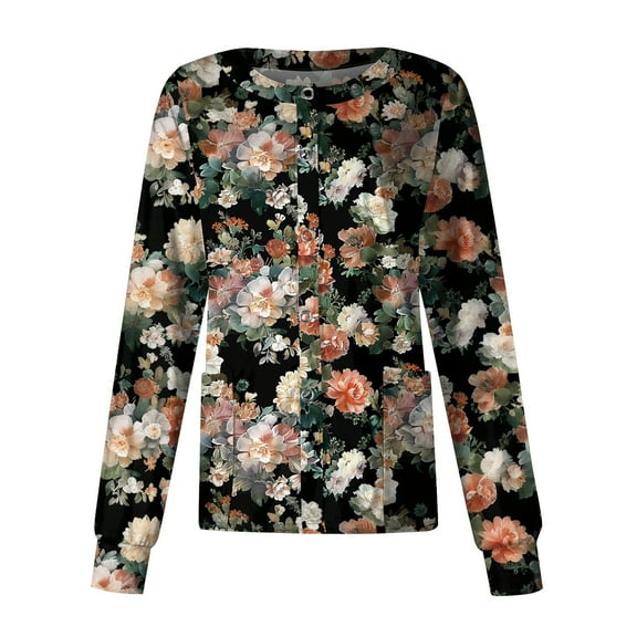 SAATLERI Scrub Jackets for Women Comfortable Workwear Long Sleeve Floral Pattern Scrubs Snap Front Nursing Working Uniform with Pockets