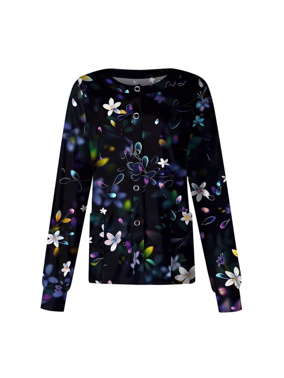 Scrub Jackets for Women Comfortable Workwear Long Sleeve Floral Pattern Scrubs Snap Front Nursing Working Uniform with Pockets