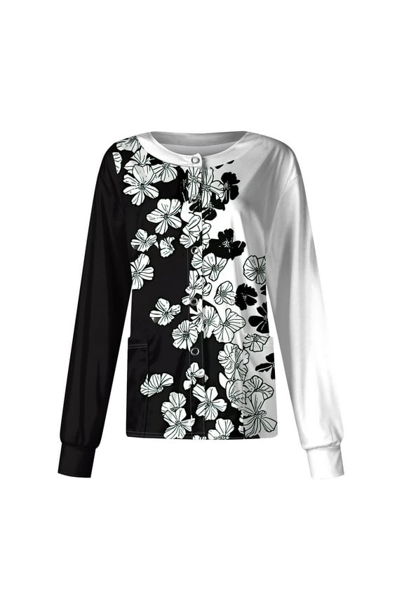 Scrub Jackets for Women Long Sleeve Comfy Medical Floral Pattern Scrubs Snap Front Medical Nursing Uniforms with Pockets