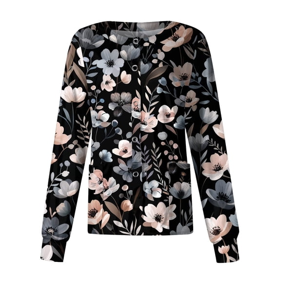 SAATLERI Scrub Jackets for Women Plus Size Floral Print Button Down Scrub Tops Lightweight Stretch Nurse Scrubs Medical Working Uniforms with Pockets