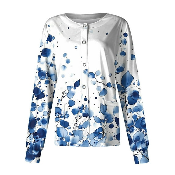 SAATLERI Scrub Jackets for Women Plus Size Floral Print Button Down Scrub Tops Lightweight Stretch Nurse Scrubs Medical Working Uniforms with Pockets
