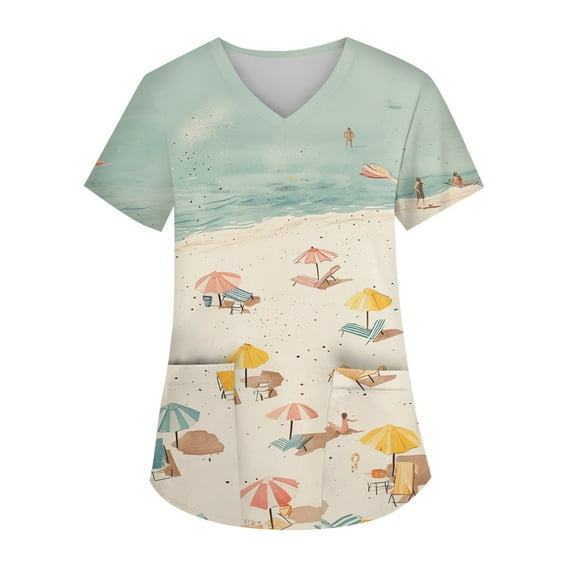 SAATLERI Scrub Tops Women Print Hawaiian Scrubs Top Floral Graphic Scrubs Shirts Soft Comfy Medical Nursing Uniform with Pockets