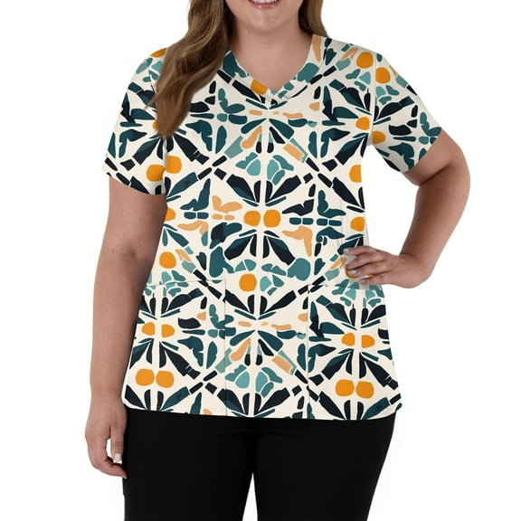 SAATLERI Scrub Tops Women Soft Stretch Short Sleeve V-Neck Cute Graphic Print Working Uniform Plus Size Scrub Tops Shirt with Pockets