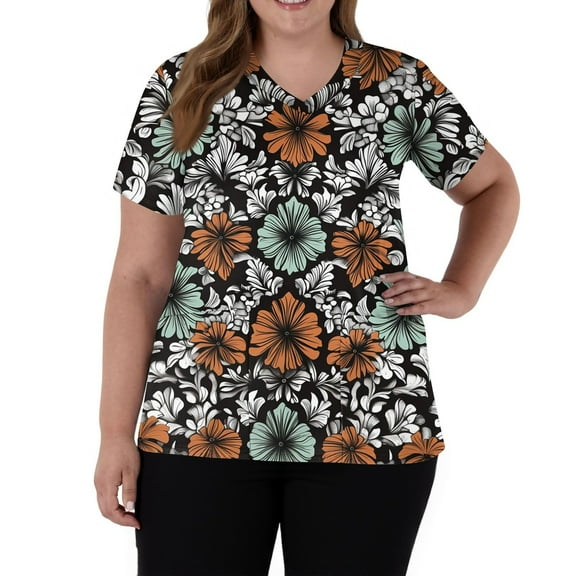 SAATLERI Scrub Tops Women Stretchy Short Sleeve V-Neck Funny Floral Printed Nursing Uniform Scrubs Plus Size Working T-Shirts with Pockets