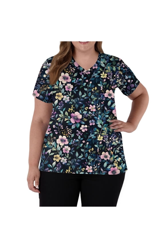 Scrub Tops Women Stretchy Short Sleeve V-Neck Funny Floral Printed Nursing Uniform Scrubs Plus Size Working T-Shirts with Pockets