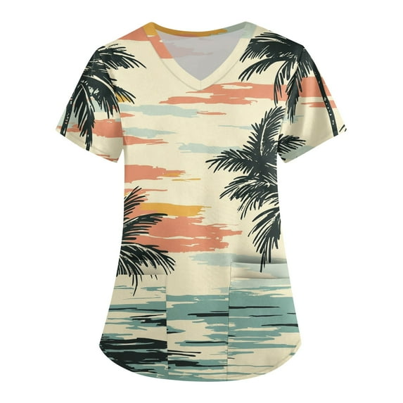 SAATLERI Scrub Tops for Women Print Hawaiian Scrubs Short Sleeve V Neck Floral Printed Comfy Medical Nurse Shirts Workwear with Pockets