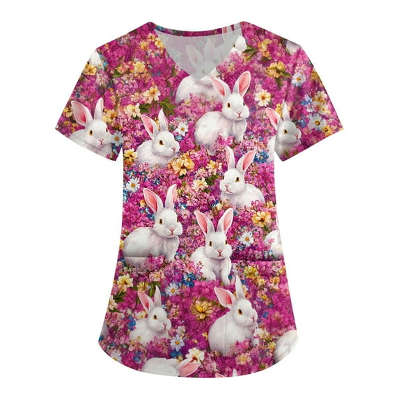 SAATLERI Scrubs for Women Easter Bunny Printed Nurse Uniform Soft Stretchy Holiday Medical Womens Easter Scrub Tops with Pockets