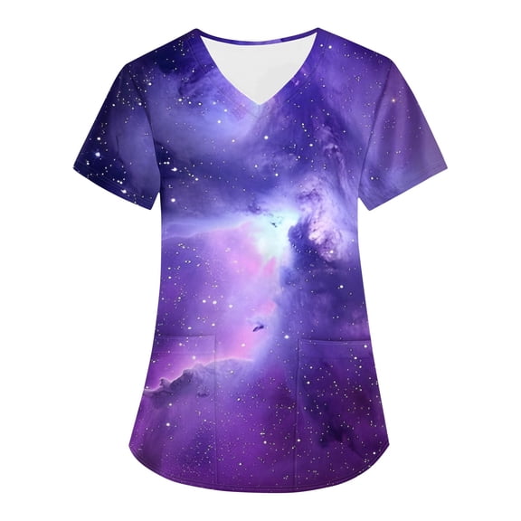 SAATLERI Scrubs for Women Funny Galaxy Print Scrub Tops Women Plus Size Stretch Short Sleeve V Neck Nursing Tops with Pockets
