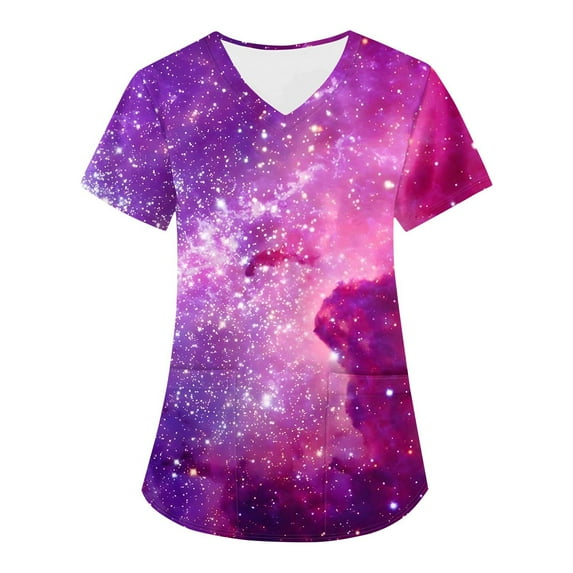 SAATLERI Scrubs for Women Galaxy Scrub Top Uniform Nurse Tops Short Sleeve Workwear V Neck Scrub Shirts for Women