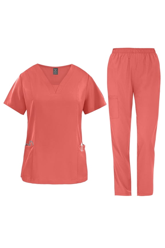 Scrubs for Women Set Modern V-Neck Top & Pocket Jogger Pants Athletic Nursing Uniform Solid Stretch Workwear