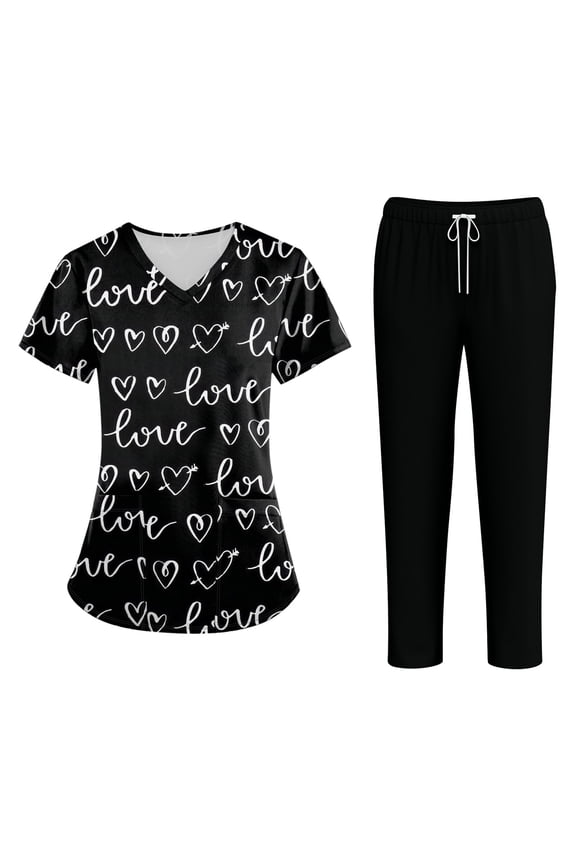 Scrubs for Women Set Soft Stretch Printed Scrub Top V-Neck Nursing Work Uniform Comfy Medical Scrubs Top and Pants with Pockets