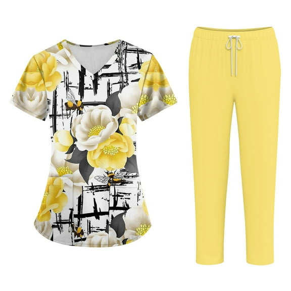 SAATLERI Scrubs for Women Sets Stretch Set Soft Stretch Medical Uniforms Printed V-Neck Scrub Tops & Pants Comfort Workwear Suits with Pockets