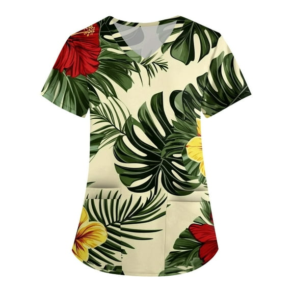 SAATLERI Scrubs for Women Stretchy Medical Uniforms Plus Size Tropical Print V-Neck Short Sleeve Scrubs Casual Nursing Tops