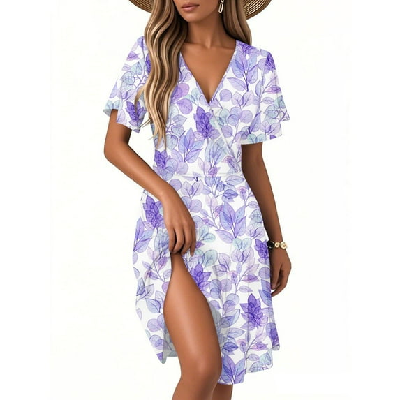 SAATLERI Spring Dresses for Women 2025 Casual Summer Midi Dresses Short Sleeve Floral Printed V Neck Swing A-Line Beach Dress