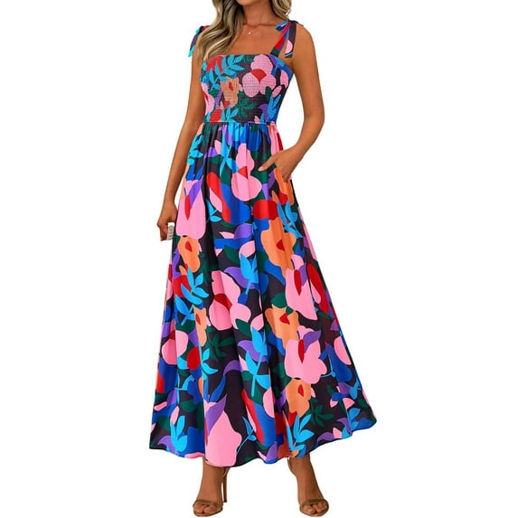 SAATLERI Spring Dresses for Women 2025 Trendy Summer Sundress Sleeveless Ruffle Flowy Floral Maxi Dresses for Women