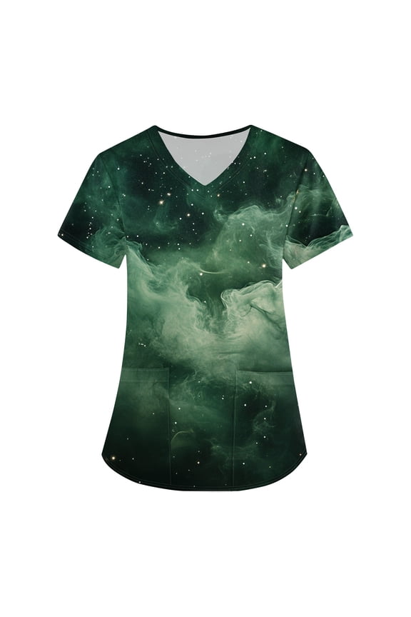 Stretchy Nurse Scrubs Plus Size Women Tops Galaxy Print V Neck Short Sleeve Working T-Shirts Funny Graphic Nursing Uniform With Pockets