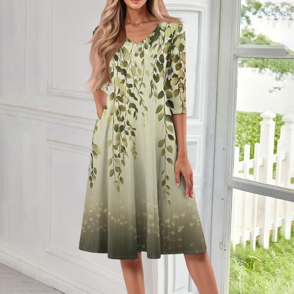 SAATLERI Summer Dresses for Women 2025 3/4 Length V Neck Floral Print Sun Dresses for Women 2025 Vacation Flowy Swing A-Line Cocktail Casual Midi Dress