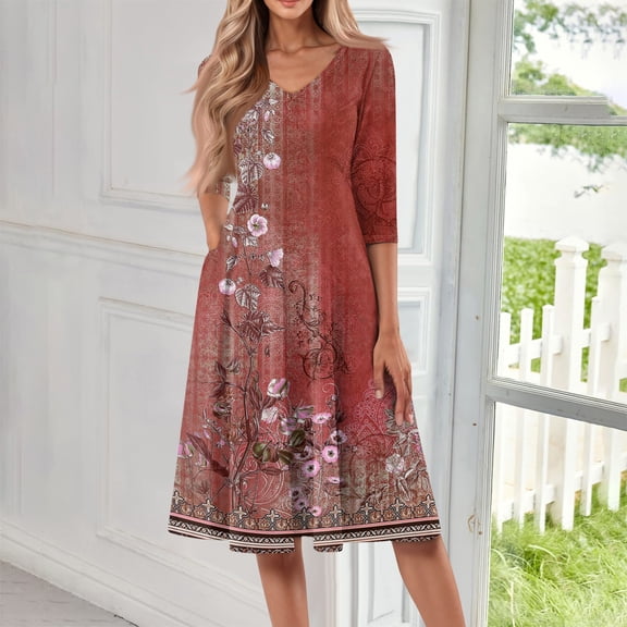 SAATLERI Summer Dresses for Women 2025 3/4 Length Trendy V Neck Sun Dresses Flowy Swing A-Line Boho Floral Dresses with Pocket