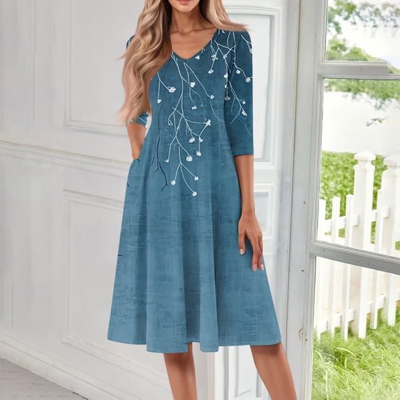 SAATLERI Summer Dresses for Women 2025 3/4 Sleeve Casual V Neck Sun Dresses for Women 2025 Vacation Swing A-Line Cocktail Boho Midi Dress with Pocket