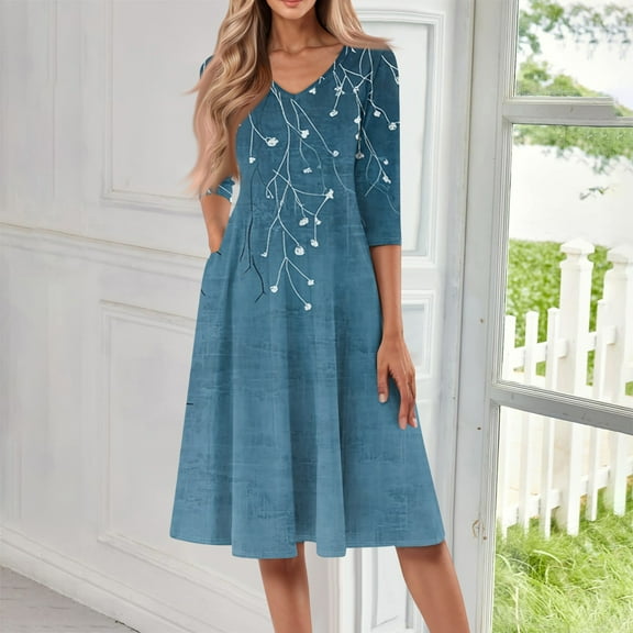 SAATLERI Summer Dresses for Women 2025 3/4 Sleeve Casual V Neck Sun Dresses for Women 2025 Vacation Swing A-Line Cocktail Boho Midi Dress with Pocket