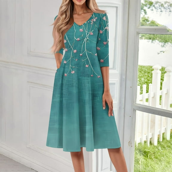 SAATLERI Summer Dresses for Women 2025 3/4 Sleeve Casual V Neck Sun Dresses for Women 2025 Vacation Swing A-Line Cocktail Boho Midi Dress with Pocket