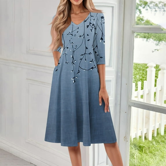 SAATLERI Summer Dresses for Women 2025 3/4 Sleeve Casual V Neck Sun Dresses for Women 2025 Vacation Swing A-Line Cocktail Boho Midi Dress with Pocket