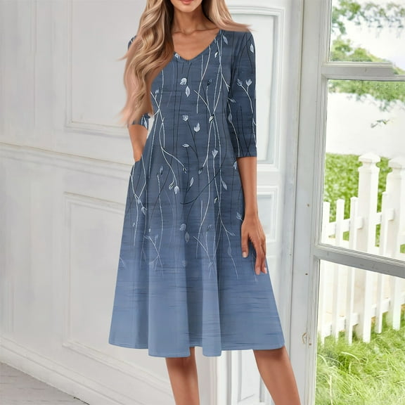 SAATLERI Summer Dresses for Women 2025 3/4 Sleeve Casual V Neck Sun Dresses for Women 2025 Vacation Swing A-Line Cocktail Boho Midi Dress with Pocket