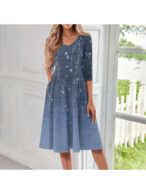 Summer Dresses for Women 2025 3/4 Sleeve Casual V Neck Sun Dresses for Women 2025 Vacation Swing A-Line Cocktail Boho Midi Dress with Pocket