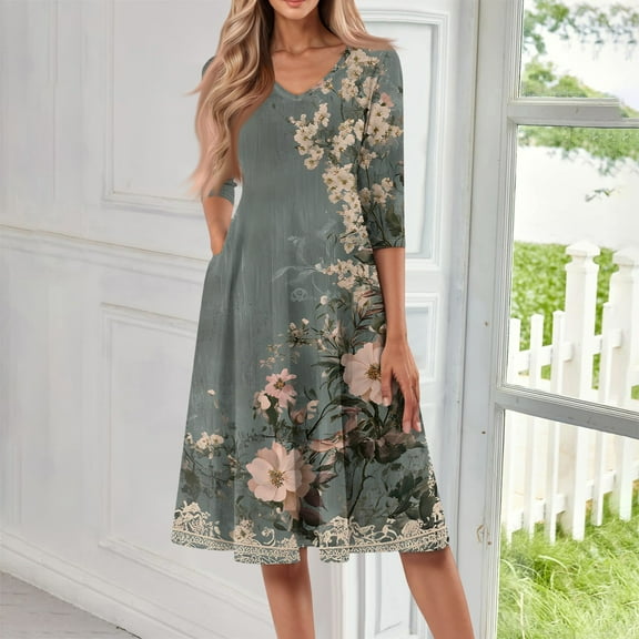 SAATLERI Summer Dresses for Women 2025 3/4 Sleeve V Neck Floral Print Sundresses for Women 2025 Swing A-Line Cocktail Plus Size Dress with Pocket