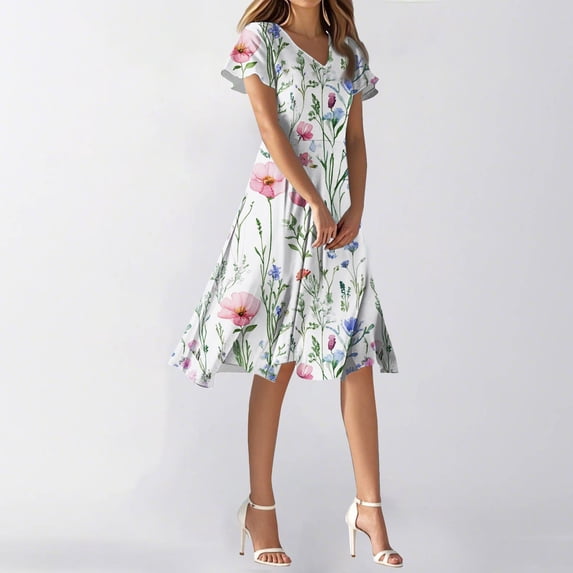 SAATLERI Summer Dresses for Women 2025 Casual Short Sleeve V Neck Floral Sundresses for Women 2025 Trendy Beach Vacation Clothes Midi Dress