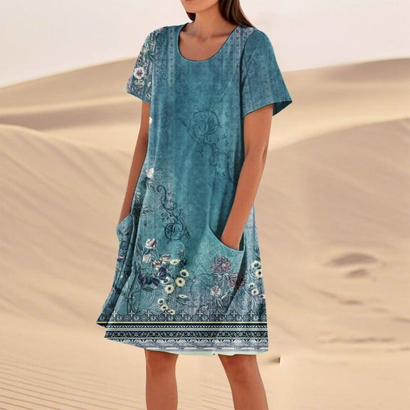 SAATLERI Summer Dresses for Women 2025 Short Sleeve Sundresses Floral Round Neck Trendy Casual Midi Dress with Pocket