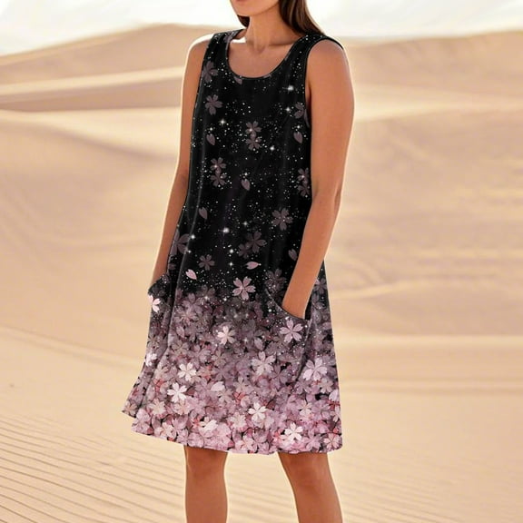 SAATLERI Summer Dresses for Women 2025 Trendy Sundress Floral Print Sleeveless Crew Neck Casual Tank Dress with Pocket