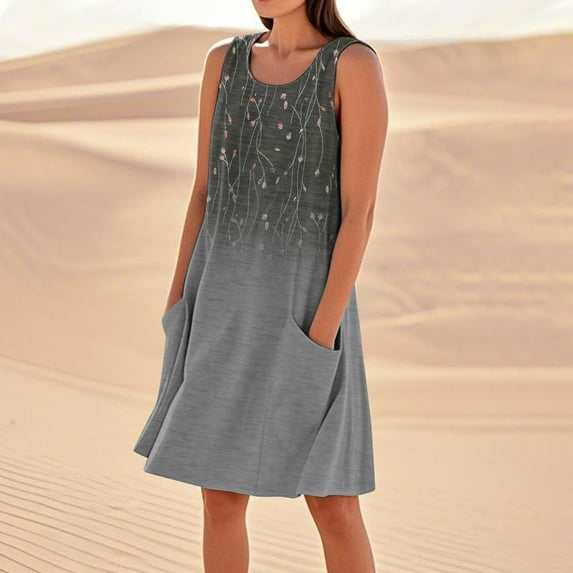SAATLERI Summer Dresses for Women 2025 Trendy Sundress Floral Print Sleeveless Crew Neck Casual Tank Dress with Pocket