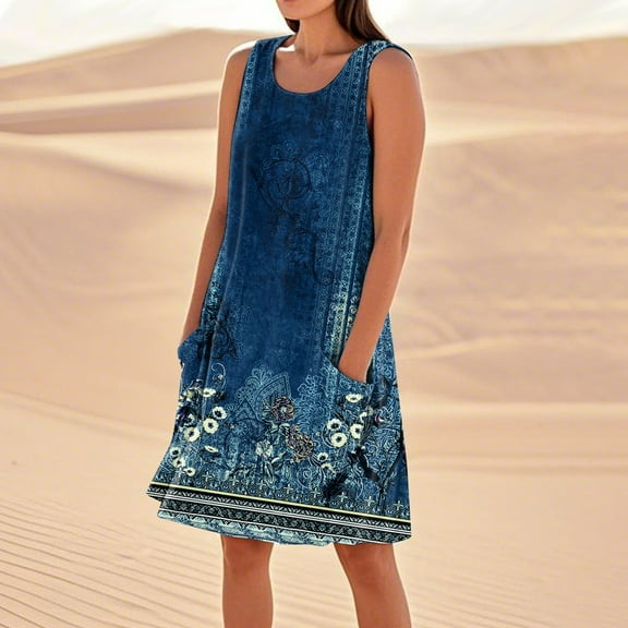 SAATLERI Summer Dresses for Women Trendy Casual Sleeveless Print Tank Dress Round Neck Flowy Sundresses with Pocket