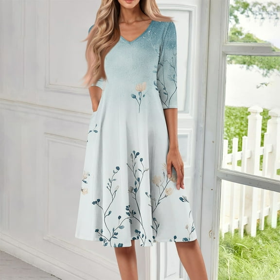 SAATLERI Summer Midi Boho Dresses 3/4 Sleeves for Women 2025 V Neck Floral Print Sun Dresses Women Comfortable A-Line Cocktail Loose Casual Party Dress with Pocket