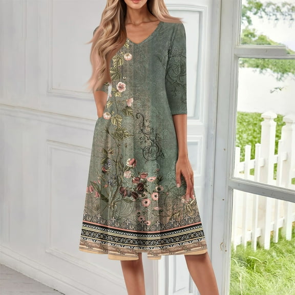 SAATLERI Summer Midi Boho Dresses 3/4 Sleeves for Women 2025 Trendy V Neck Sun Dresses Flowy A-Line Cocktail Party Dress with Pockets