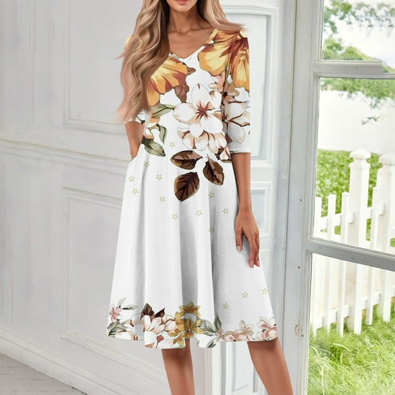 SAATLERI Sundresses for Women 2025 3/4 Length Sleeve V Neck Floral Print Sun Dresses Women Lightweight A-Line Church Dresses with Pocket
