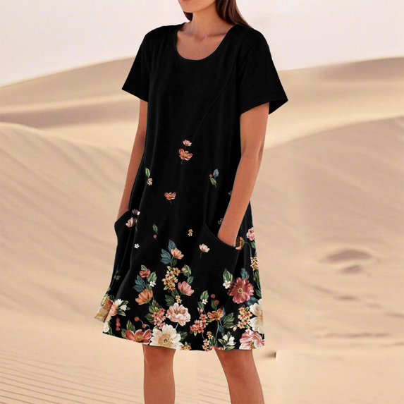 SAATLERI Sundresses for Women 2025 Casual Crew Neck Short Sleeve Summer Dresses for Women 2025 Floral Print Loose Casual Beach Dress with Pockets