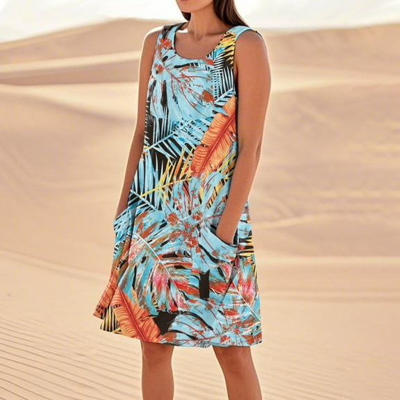 SAATLERI Sundresses for Women 2025 Loose Casual Sleeveless Women's Casual Dresses Floral Round Neck Holiday Beach Tank Dress with Pocket