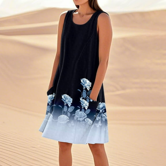 SAATLERI Sundresses for Women 2025 Sleeveless Crew Neck Summer Dressses Casual Loose Flowy Floral Sun Dress with Pocket