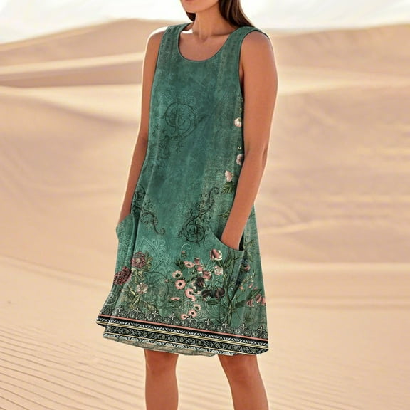 SAATLERI Sundresses for Women 2025 Sleeveless Crew Neck Summer Dressses Casual Loose Flowy Floral Sun Dress with Pocket