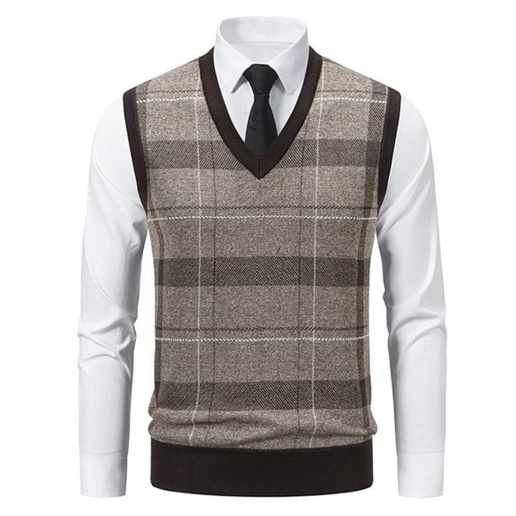 SAATLERI Sweater Vest for Men V Neck Knit Sleeveless Vests Casual Lined Plaid Pullover Sweater Fleece Fall Winter Warm Tank Tops