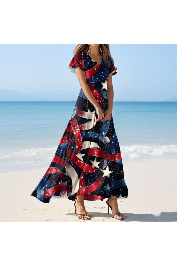 USA Flag Dress for Women Elegant Independence Day Print Dresses Summer V Neck Short Sleeve America Clothes Summer Dresses