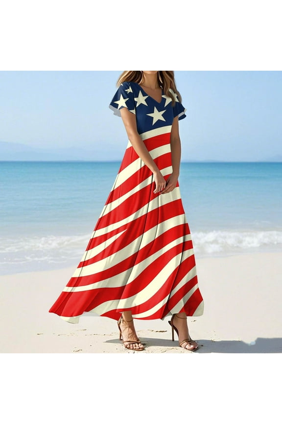 USA Flag Dress for Women Maxi American Flag Dress Flowy V Neck Short Sleeve 4Th Of July Outfits For Women Summer Dresses