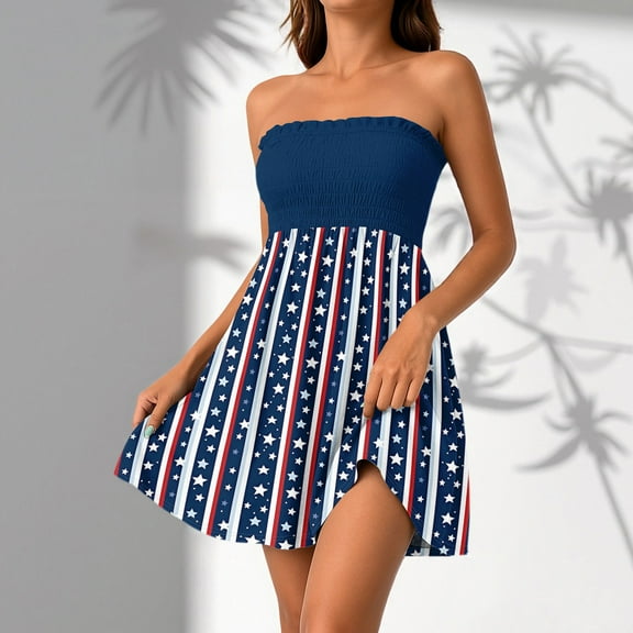SAATLERI Usa Flag Dress for Women American Flag Independence Day Print Strapless Tube Top Dress Star Stripes Ruffle Beach Dress 4th Of July Dress